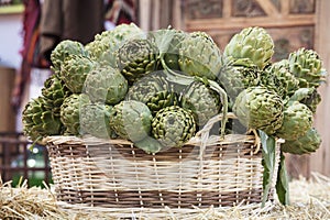 Background of fresh artichokes. Background of fresh artichokes. Fresh artichokes on display at the farmers` market for sale.