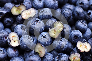 Background of fresh blueberries with cut halves macro close up, concept of organic wholesome food