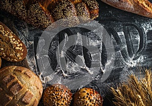 Background with fresh bread and inscription