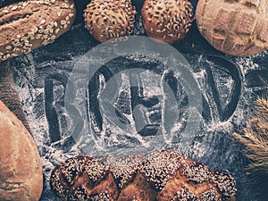 Background with fresh bread and inscription