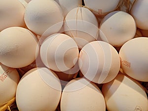 background of fresh eggs on an outdoor market stall in Barcelona, ??Spain