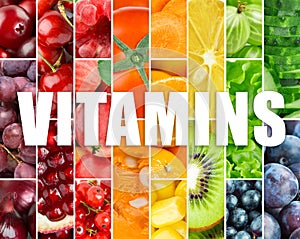 Background of fresh fruits and vegetables. Vitamins