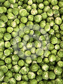 Background of fresh green brussels sprouts.