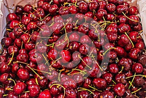 Background of fresh organic red cherries in basket on supermarket, Healthy food concept.