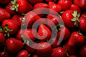 Background of fresh ripe red strawberries with green leaves