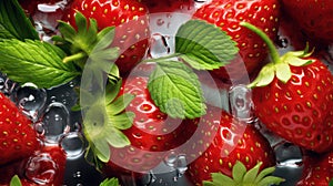 Background with fresh strawberries, mint and icecubes created with Generative AI