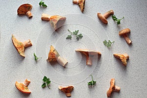 Background of freshly picked redheads with sprigs of parsley on the kitchen table, top view, close-up