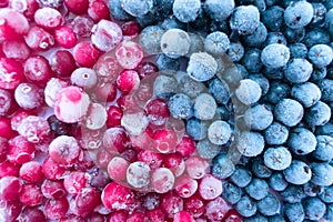 Background of frozen chokeberry and cranberry berries. Berries antioxidant.