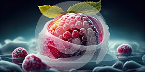 Background with frozen raspberries, panoramic image