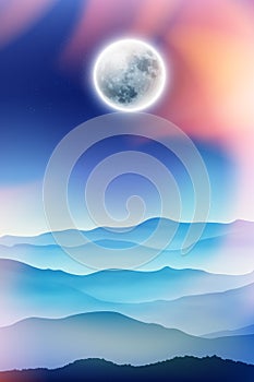 Background with fullmoon and mountains in the fog