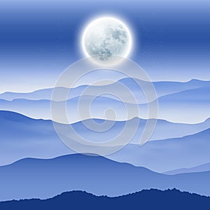 Background with fullmoon and mountains in the fog