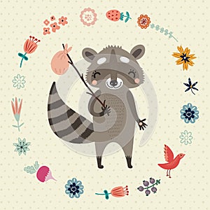 Background with funny raccoon flower and birds