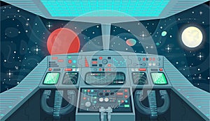 Background for games and mobile applications spaceship. Spaceship interior, cockpit view inside. Cartoon vector illustration