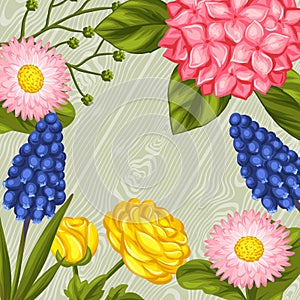 Background with garden flowers. Decorative hortense, ranunculus, muscari and marguerite. Image for wedding invitations