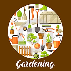 Background with garden tools and items. Season gardening illustration