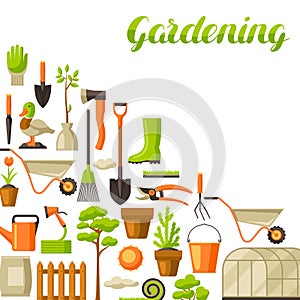 Background with garden tools and items. Season gardening illustration