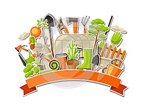 Background with garden tools and items. Season gardening illustration