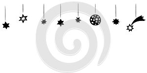 Background, garland, decoration on the upper edge of hanging black stars, Moon, comet. Seamless pattern
