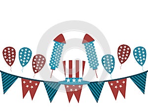 Background with garland and fireworks. Uncle Sam hat and garland on a white background, holiday items.