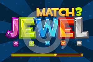 Background GEMS Match3 Games. Set Multicolored precious icons and loading game, GUI Graphic Assets