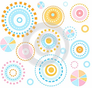 Background, geometric, circles, blue, pink, yellow, seamless, kids, white, abstraction.