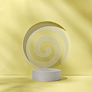 The background is a geometric podium with a circle and a cylinder to show a product or cosmetics with abstract summer