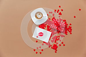 Background with gift and hearts with free space for text