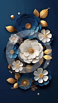 A Background With Gilding Flowers Navy Blue Greeting Card Design. Generative AI