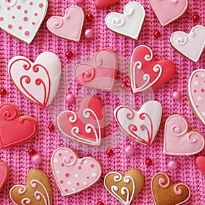 Background of gingerbread hearts on pink fabric. Valentine's Day Wallpapers. Wide Banner. Colorful Photo