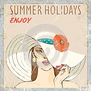 Background girl in a straw hat with a flower. summer holidays. vector illustration