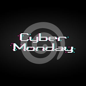 Background with glitched anaglyph pixel art shopping cart and cyber monday text