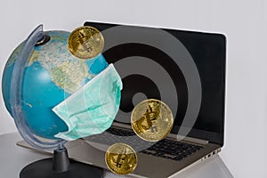 Background in the global context of coronavirus, with bitcoin coins