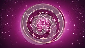 background with glowing lights A purple seed of life symbol sacred geometry on a dark pink background. Circles and stars