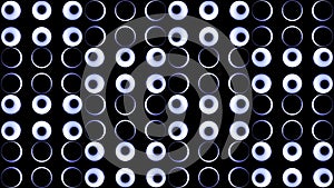 Background of glowing retro dots with rings. Design. Changing circles in retro style of light bulbs. Background of