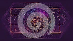 background with glowing stars A flower of life illustration with a chakra and colorful style. The illustration has a dark purple