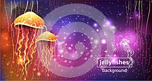 Background with Glowing vivid jellyfishes