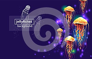 Background with Glowing vivid transparent jellyfishes Vector background