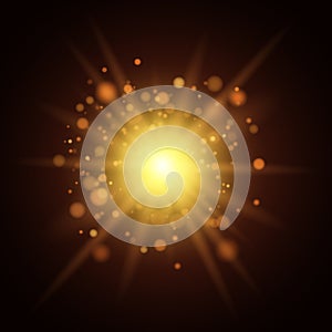 Background of golden lights. Christmas light. A big yellow flash. Footage for the photo. Template for your project