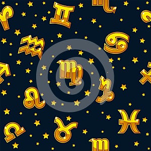 Background with golden signs of the zodiac. Astrology seamless pattern with zodiac signs