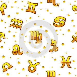 Background with golden signs of the zodiac. Astrology seamless pattern with zodiac signs