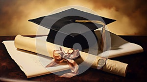 A background of a graduation cap and diploma scroll with a \