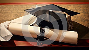 A background of a graduation cap and diploma scroll with a \