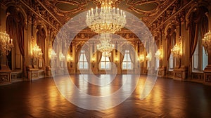 Background The grand ballroom of a palace decorated with ornate dries and shining crystal chandeliers adds to the photo