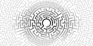 Background with graphic abstract geometry labyrinth pattern. Black maze circle. Black labyrinth. Maze symbol.