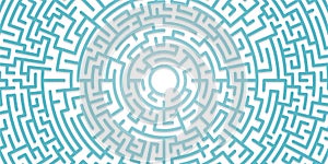Background with graphic abstract geometry labyrinth pattern. Blue maze circle. Blue labyrinth. Maze symbol.