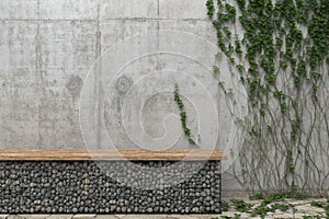 Background with a gray concrete wall with ivy and a bench of stones. Front view with copy space. 3D rendering.