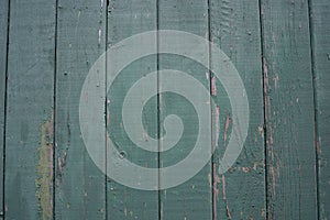 Background of green flaky wood. Backdrop of green colored wooden panels with aged flaky surface