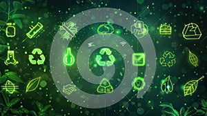 Background with green glowing ecological icons created with Generative AI.