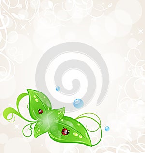 Background with green leaves and ladybugs