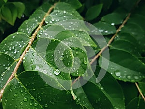 Background of Green Leaves and Rain Droplets with Selective Focus